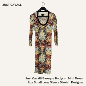 Just Cavalli Baroque Bodycon Midi Dress Size Small Long Sleeve Stretch Designer